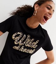 New Look Black Leopard Print Wild at Heart Logo T-Shirt